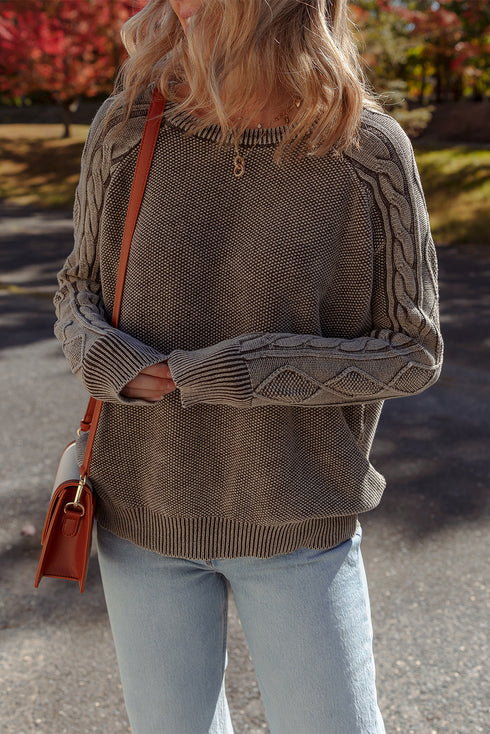 Contrast Cable Knit Sleeve Crew Neck Sweater