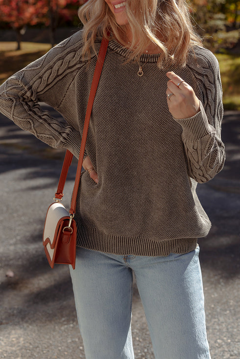 Contrast Cable Knit Sleeve Crew Neck Sweater