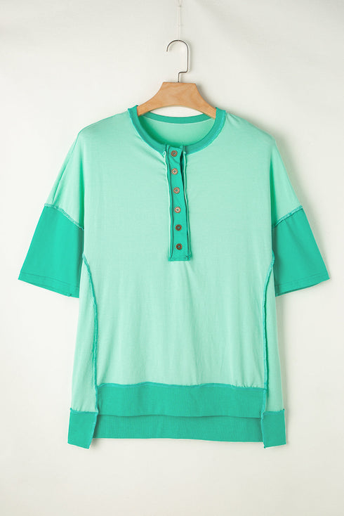 Contrast Color Patchwork Half Button T Shirt
