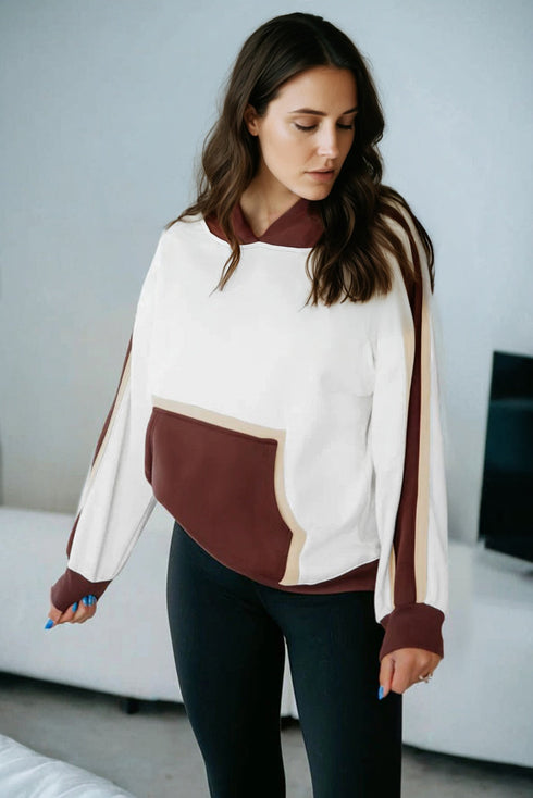 Contrast Colorblock Patchwork Hooded Kangaroo Pocket Sweatshirt