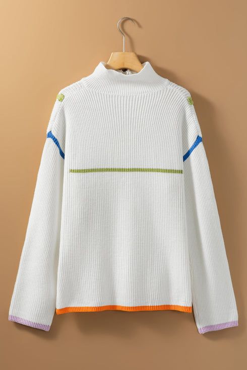 Contrast Detail Ribbed Knit Quarter Zip Sweater