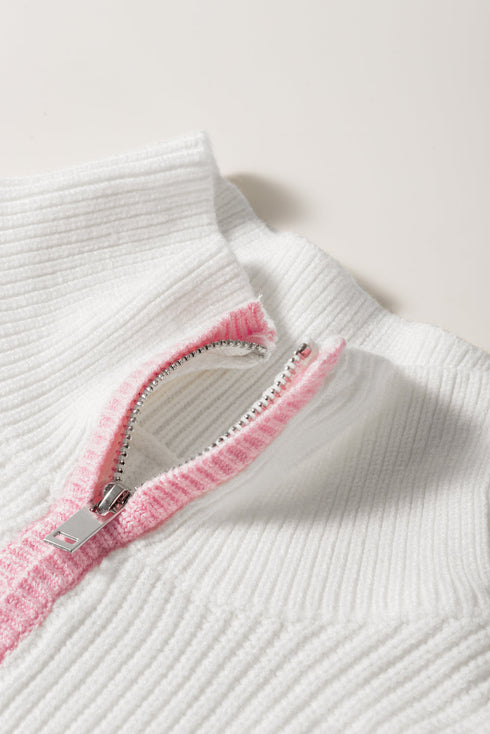 Contrast Detail Ribbed Knit Quarter Zip Sweater
