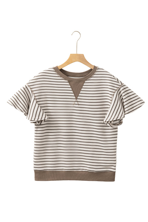 Contrast Detail Striped Ruffle Short Sleeve Top