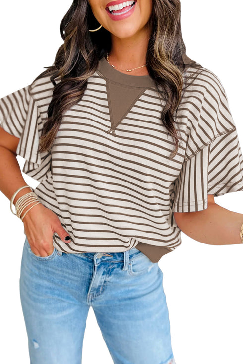 Contrast Detail Striped Ruffle Short Sleeve Top