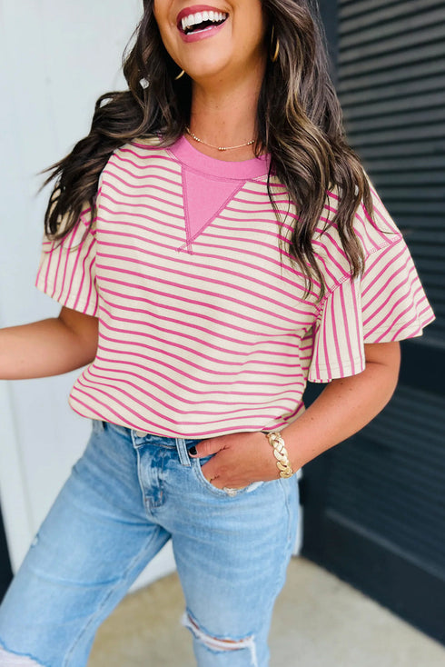 Contrast Detail Striped Ruffle Short Sleeve Top
