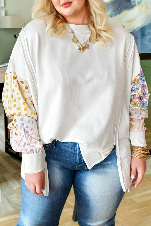 Contrast Dot Floral Patchwork Exposed Seam Sweatshirt