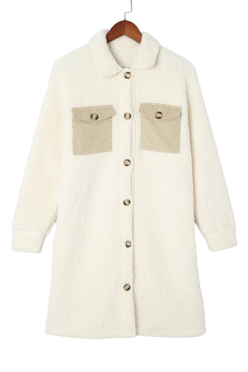 Contrast Flap Pocket Single Breasted Teddy Coat