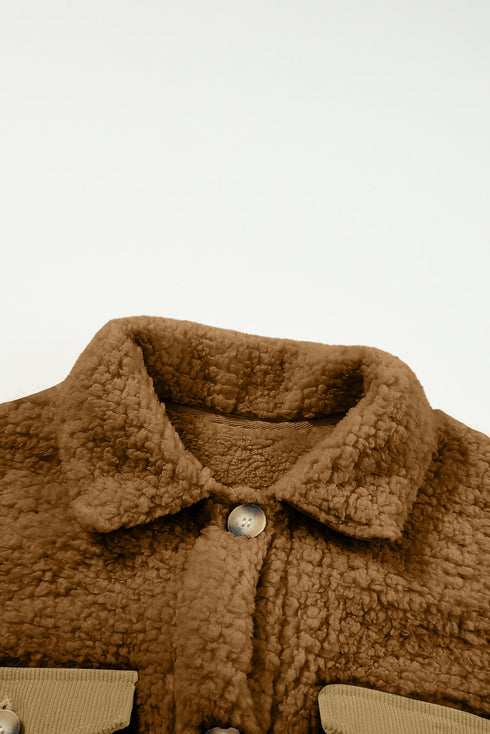 Contrast Flap Pocket Single Breasted Teddy Coat