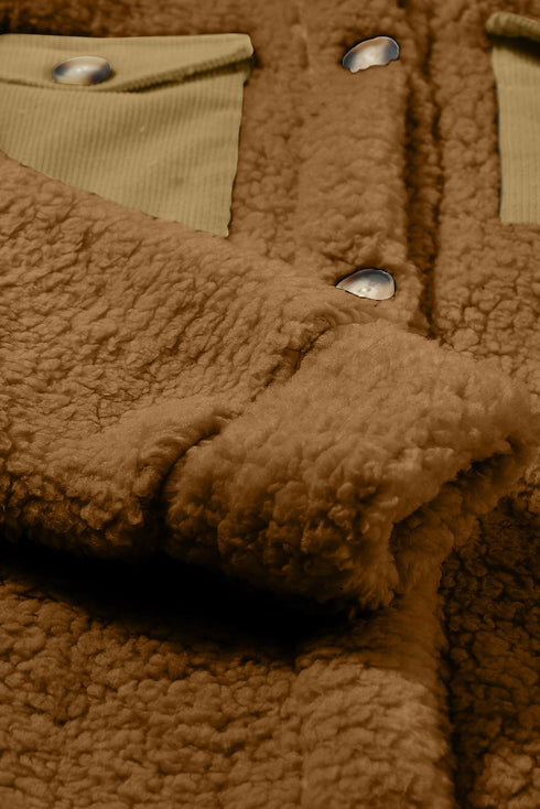 Contrast Flap Pocket Single Breasted Teddy Coat