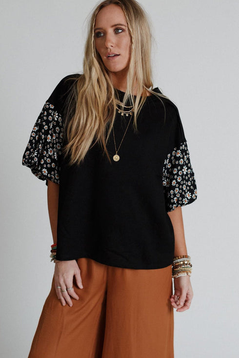 Contrast Floral Puff Sleeve Oversized Top