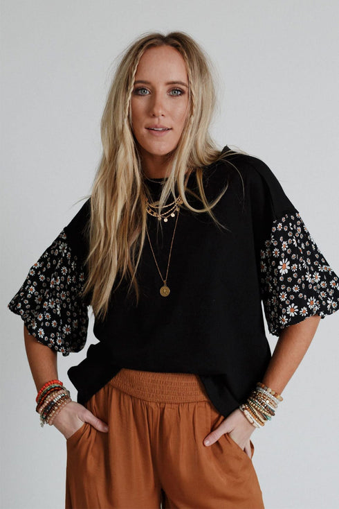 Contrast Floral Puff Sleeve Oversized Top