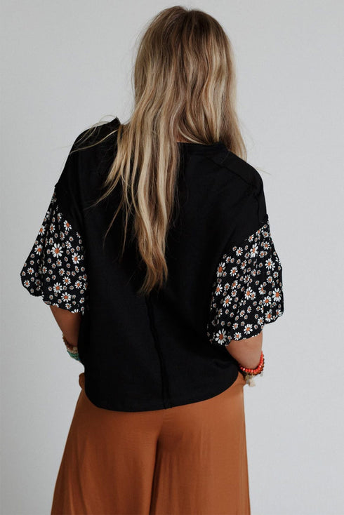 Contrast Floral Puff Sleeve Oversized Top