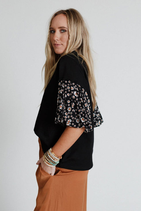 Contrast Floral Puff Sleeve Oversized Top