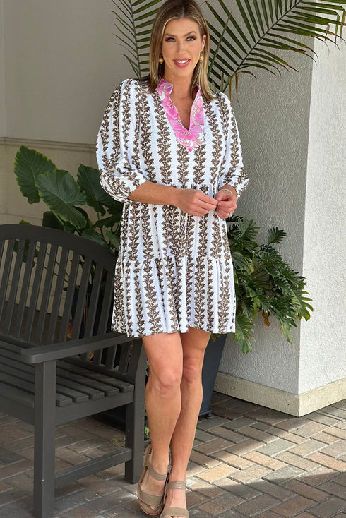 Contrast Floral V Neck Printed Bracelet Sleeve Dress