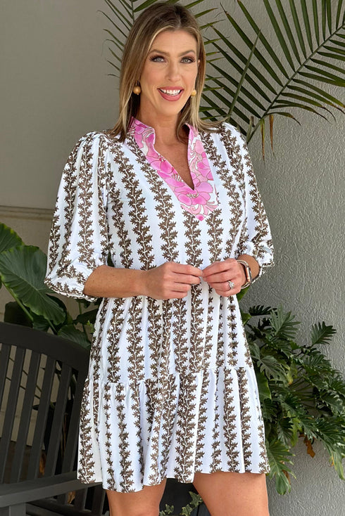 Contrast Floral V Neck Printed Bracelet Sleeve Dress