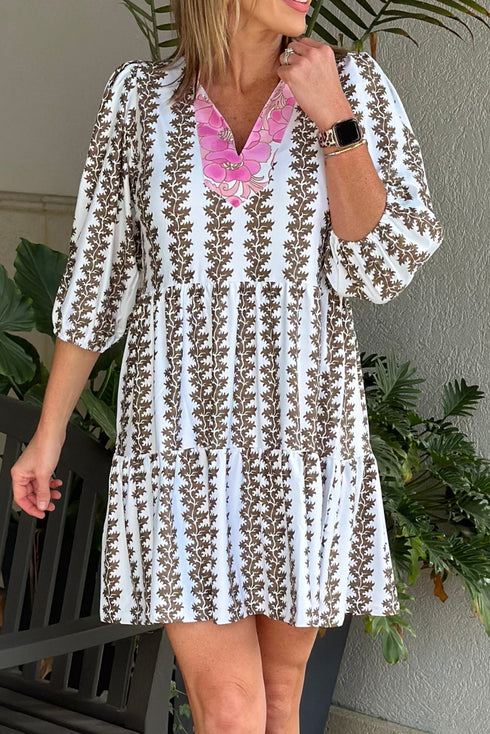 Contrast Floral V Neck Printed Bracelet Sleeve Dress