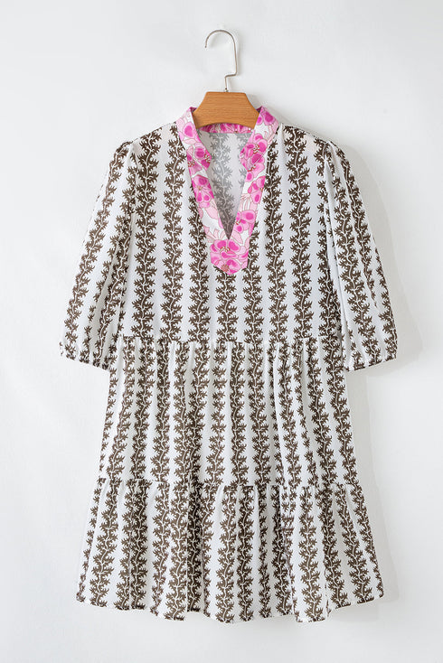 Contrast Floral V Neck Printed Bracelet Sleeve Dress
