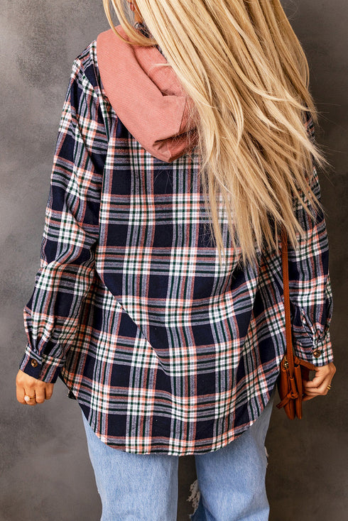 Contrast Hooded Drawstring Plaid Shacket