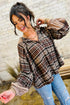 Contrast Knit Hood Plaid Button Front Drop Shoulder Blouse