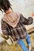 Contrast Knit Hood Plaid Button Front Drop Shoulder Blouse