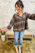 Contrast Knit Hood Plaid Button Front Drop Shoulder Blouse