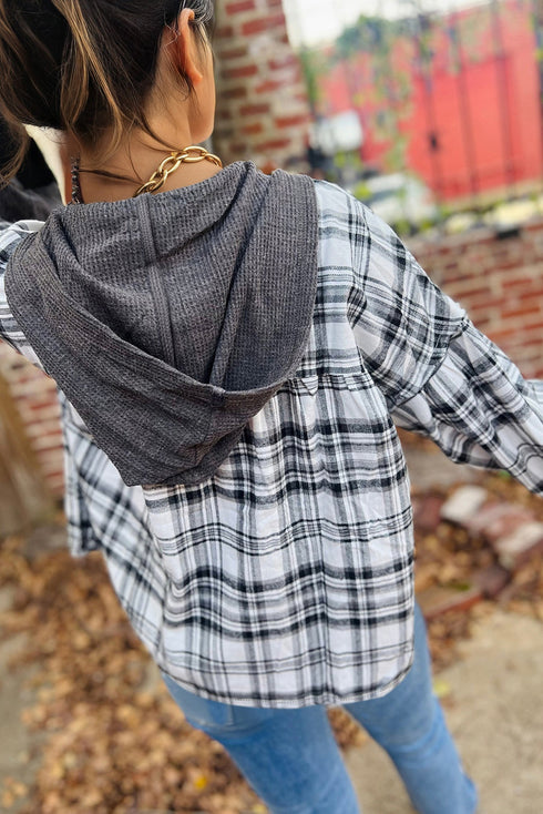 Contrast Knit Hood Plaid Button Front Drop Shoulder Blouse