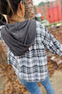 Contrast Knit Hood Plaid Button Front Drop Shoulder Blouse