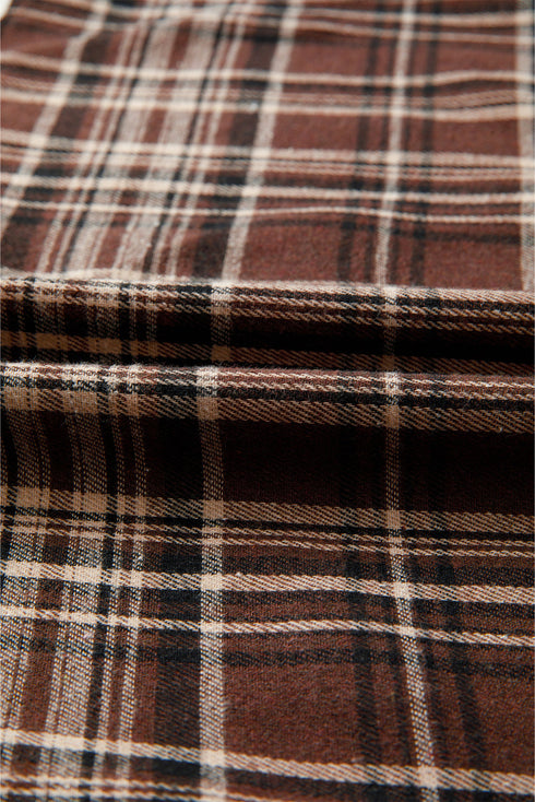 Contrast Knit Hood Plaid Button Front Drop Shoulder Blouse