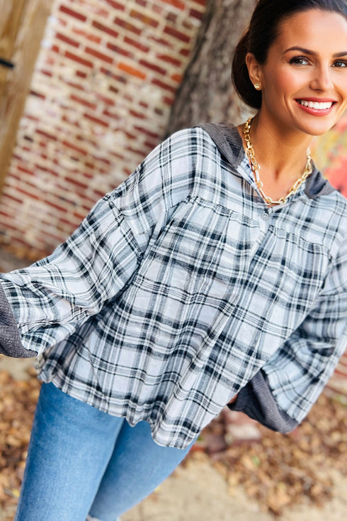 Contrast Knit Hood Plaid Button Front Drop Shoulder Blouse
