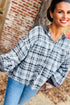 Contrast Knit Hood Plaid Button Front Drop Shoulder Blouse