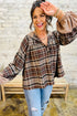 Contrast Knit Hood Plaid Button Front Drop Shoulder Blouse