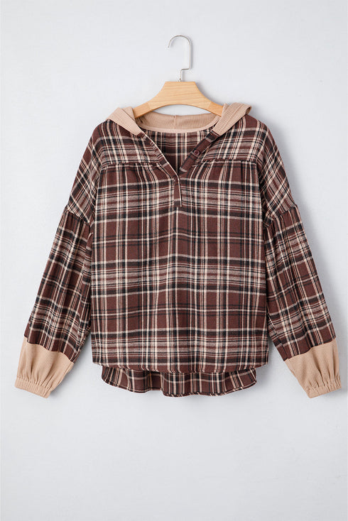 Contrast Knit Hood Plaid Button Front Drop Shoulder Blouse