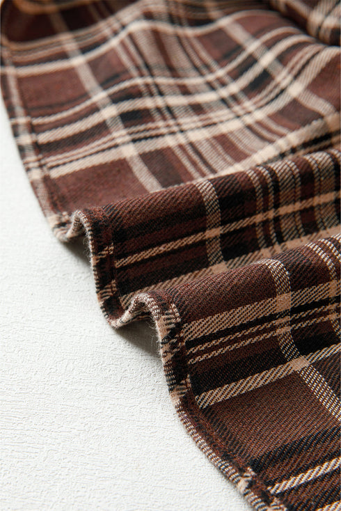 Contrast Knit Hood Plaid Button Front Drop Shoulder Blouse