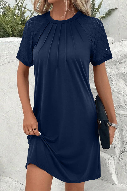 Contrast Lace Raglan Sleeve Pleated Detail Shift Dress