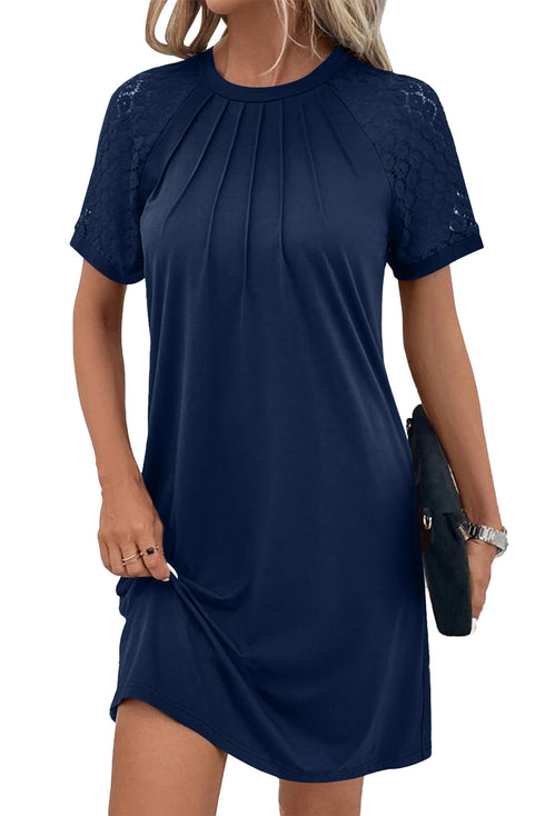 Contrast Lace Raglan Sleeve Pleated Detail Shift Dress
