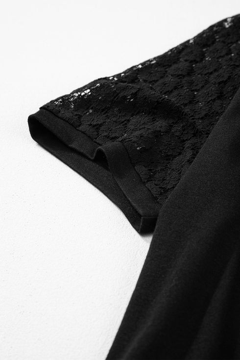 Contrast Lace Raglan Sleeve Pleated Detail Shift Dress