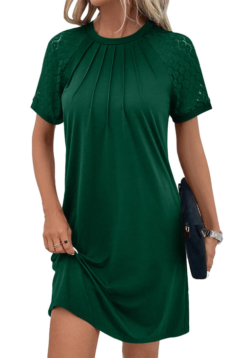 Contrast Lace Raglan Sleeve Pleated Detail Shift Dress