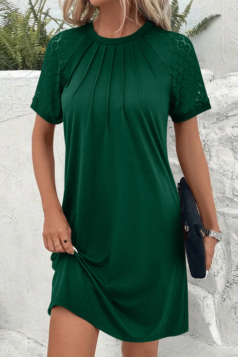 Contrast Lace Raglan Sleeve Pleated Detail Shift Dress