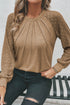 Contrast Lace Raglan Sleeve Plicate Round Neck Top