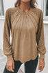 Contrast Lace Raglan Sleeve Plicate Round Neck Top