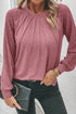 Contrast Lace Raglan Sleeve Plicate Round Neck Top