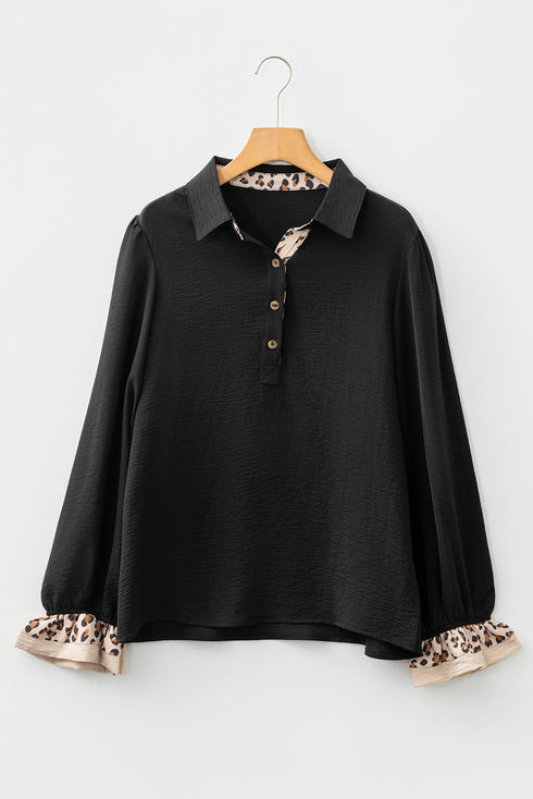 Contrast Leopard Trim Button Polo Ruffle Sleeve Blouse