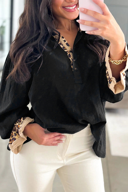 Contrast Leopard Trim Button Polo Ruffle Sleeve Blouse