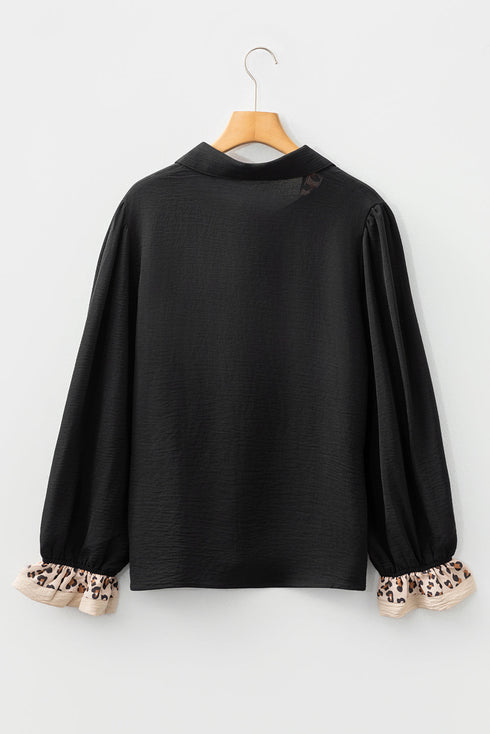 Contrast Leopard Trim Button Polo Ruffle Sleeve Blouse