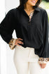 Contrast Leopard Trim Button Polo Ruffle Sleeve Blouse