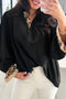 Contrast Leopard Trim Button Polo Ruffle Sleeve Blouse