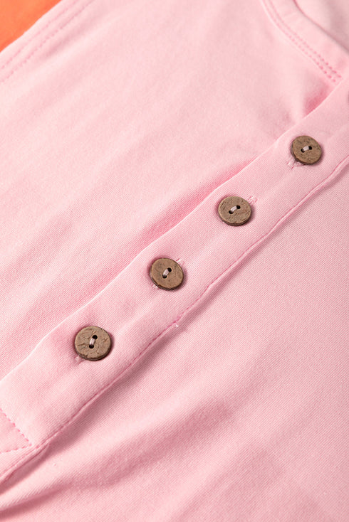 Contrast Panel Button Front Long Sleeve Cotton Blend Henley Top