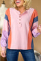 Contrast Panel Button Front Long Sleeve Cotton Blend Henley Top