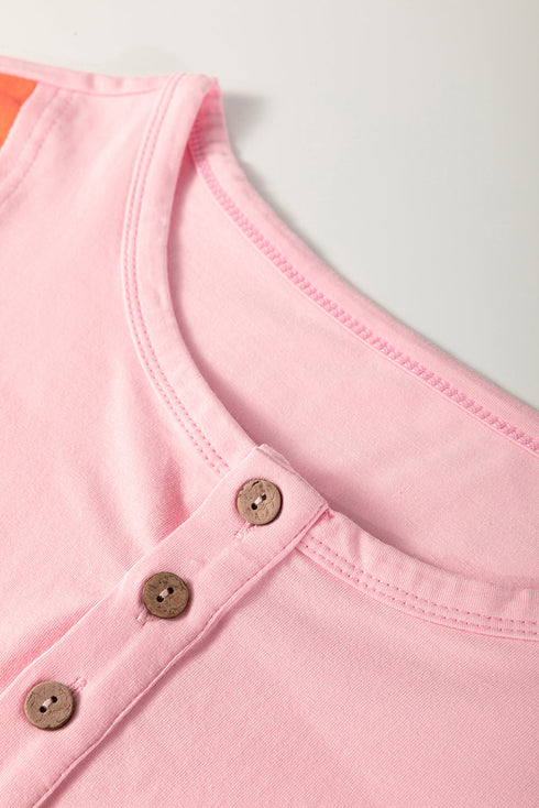 Contrast Panel Button Front Long Sleeve Cotton Blend Henley Top