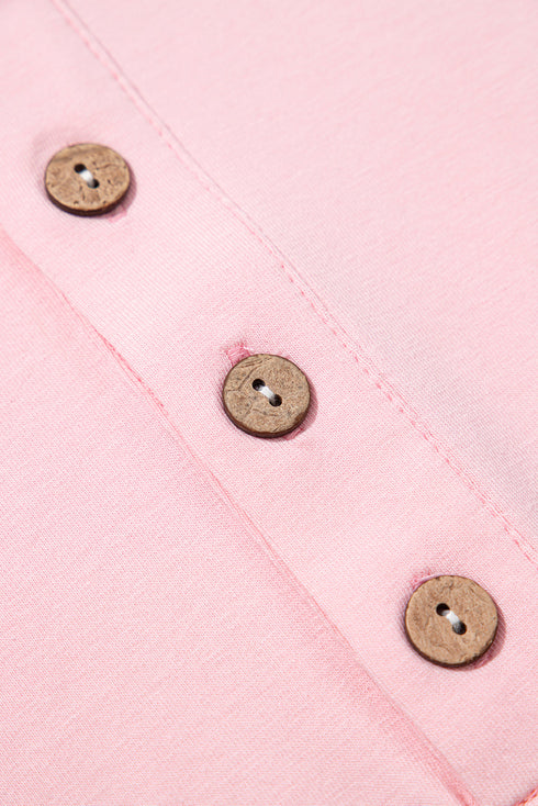 Contrast Panel Button Front Long Sleeve Cotton Blend Henley Top